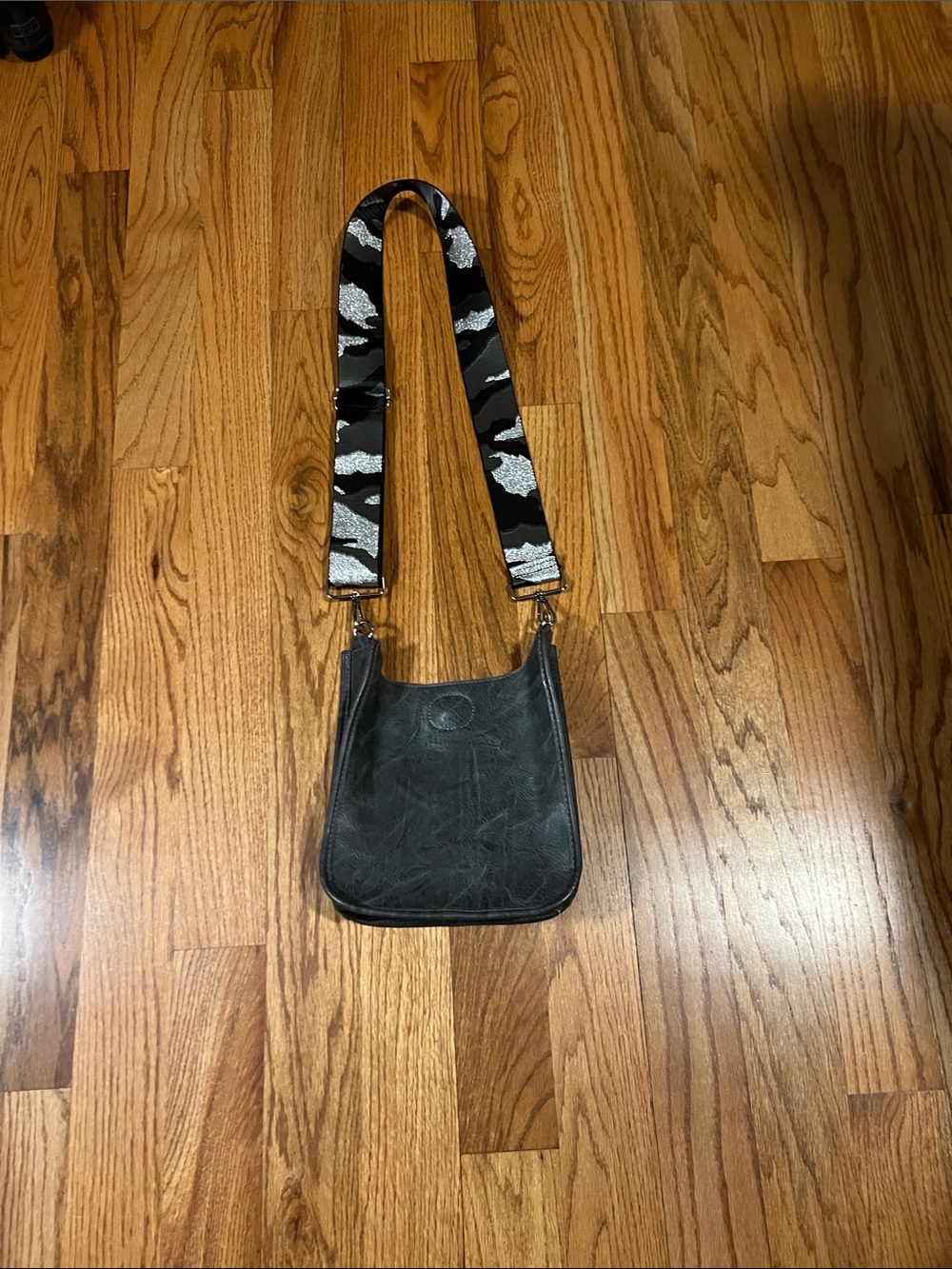 Gray Leather Crossbody Bag with Patterned Webbing Strap